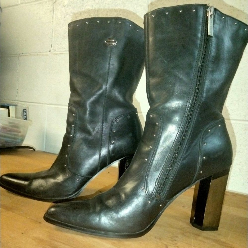 Black Leather Harley Davidson Boots with 3 inch heel